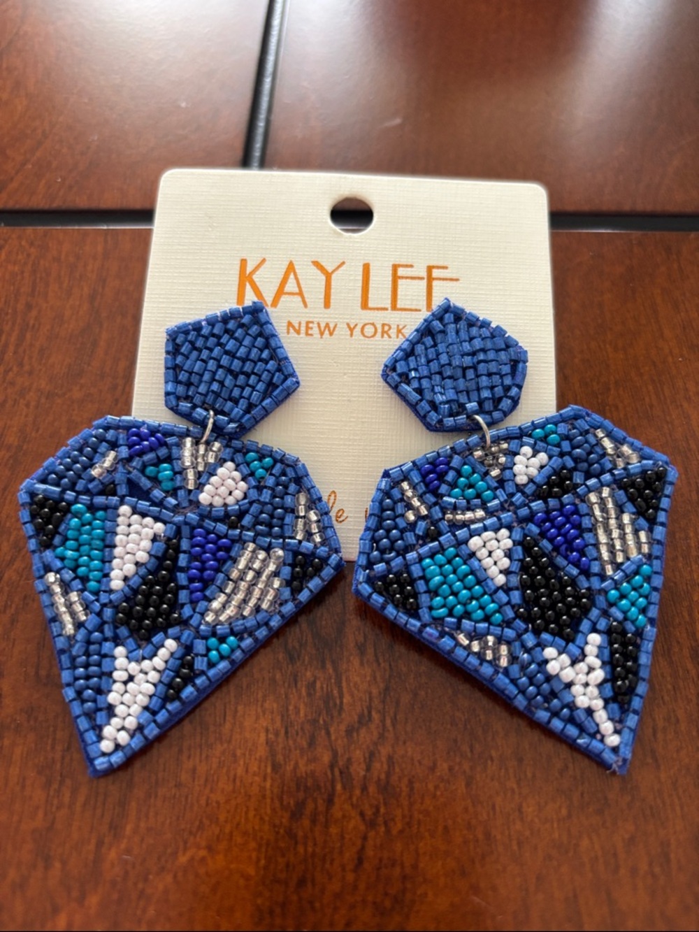 Kay LeE Blue Beaded Geometric Drop Earrings